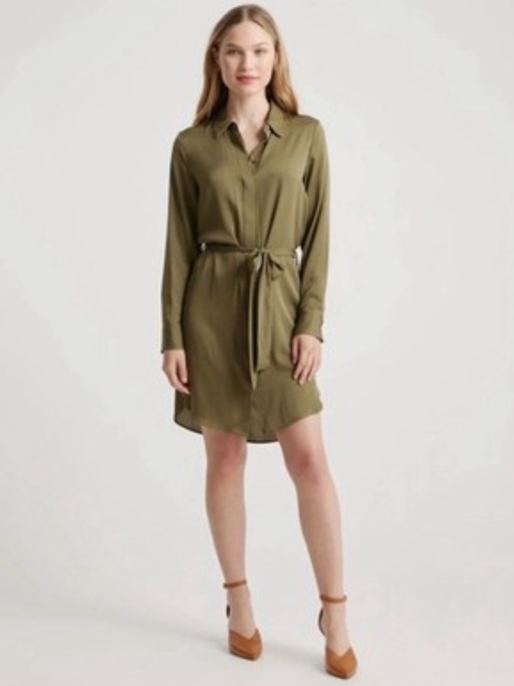 Quince Washable Silk Shirt Dress Olive Green